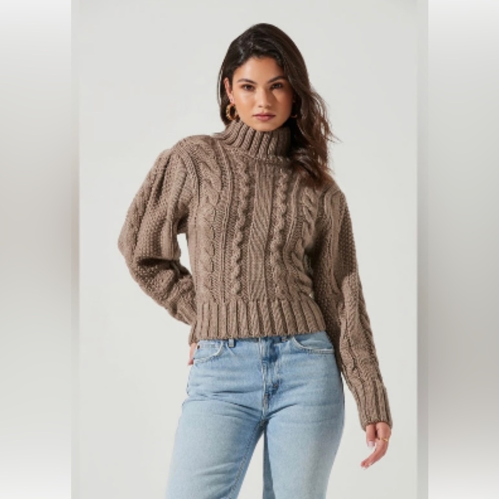 ASTR the Label Haisley Sweater in Brown Puff Sleeve Cable Knit Turtleneck Size S